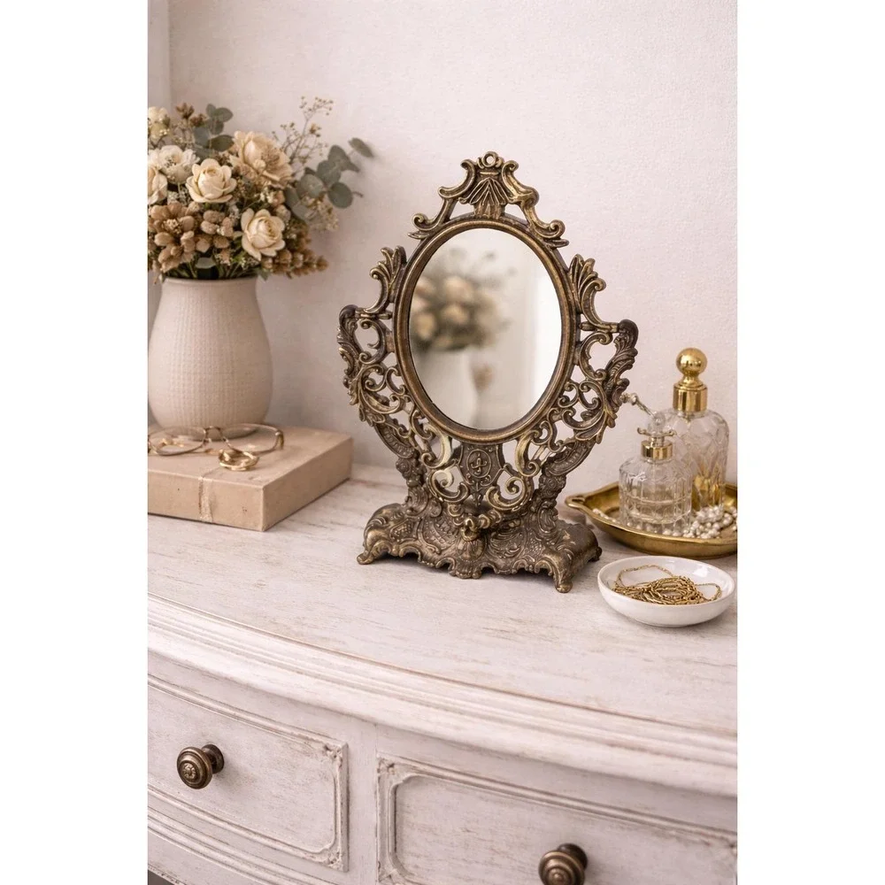 Vtg Ornate Cast Metal Vanity Mirror Tabletop Rococo Victorian Style Brass Finish